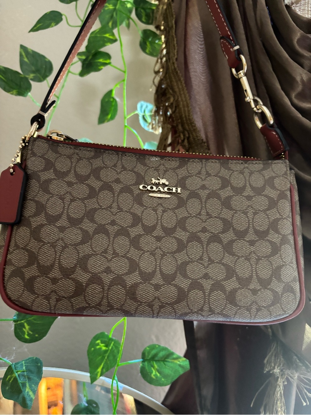 Coach Brown Signature Nolita Canvas Shoulder Bag with Burgundy Trim